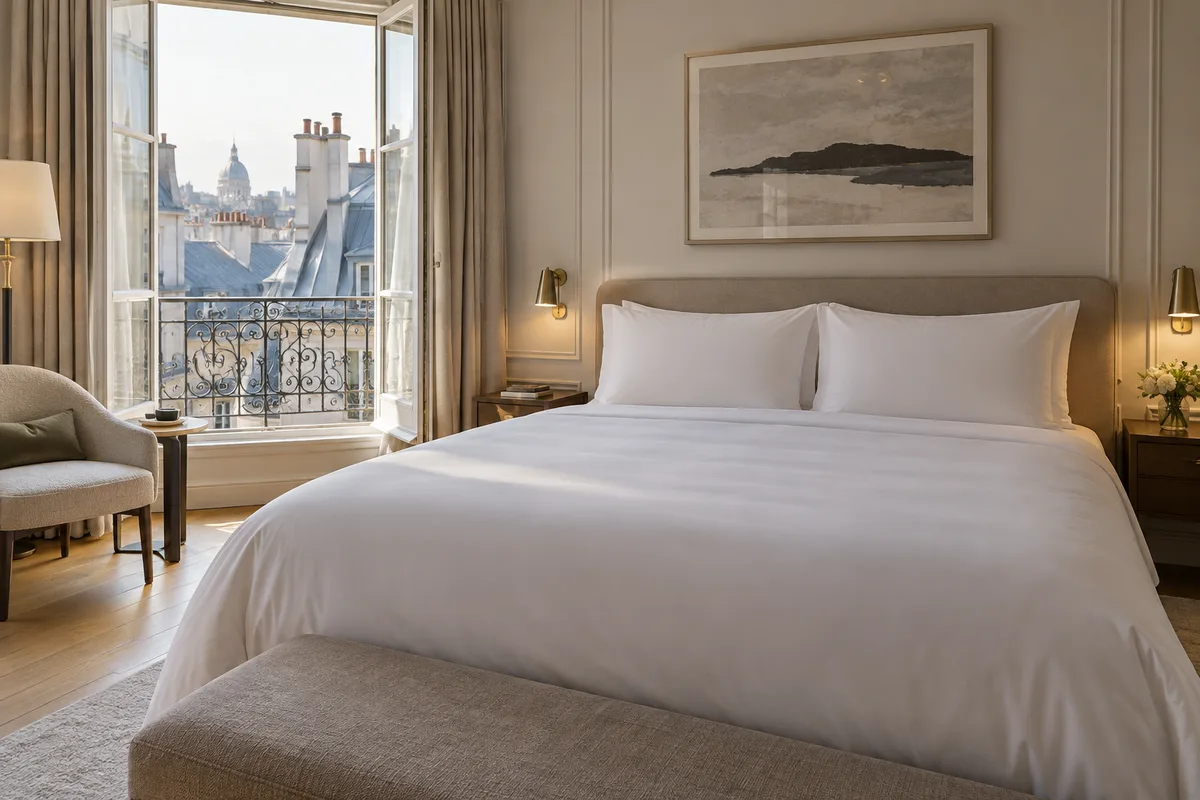 Chambre d’hôtel vide aux draps blancs tirés et rideaux ouverts sur une vue de toits