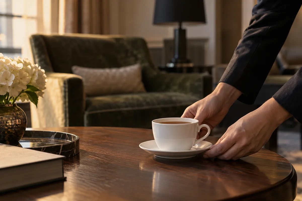Mains posant une tasse de thé sur une table basse dans un salon d’hôtel