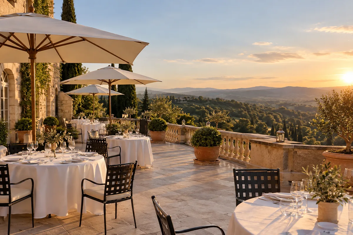 Terrasse d’hôtel aux tables dressées de nappes blanches sous des parasols