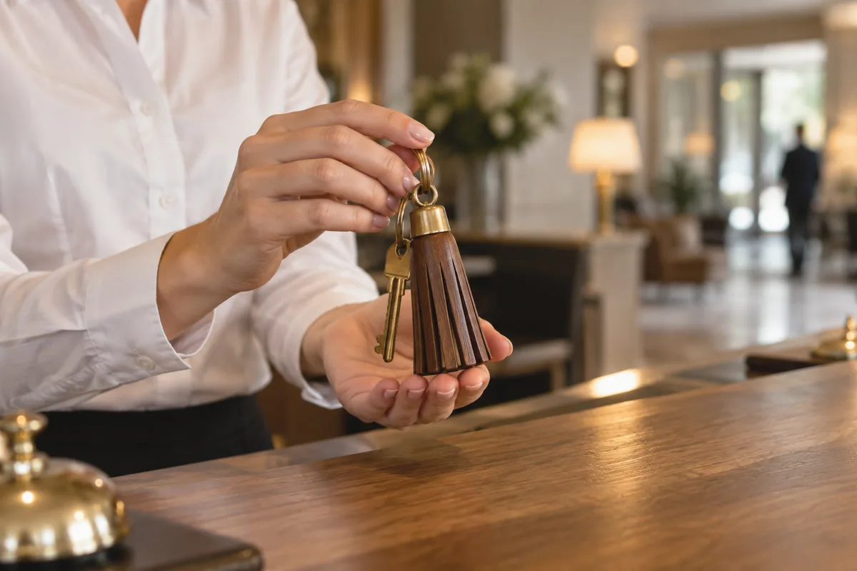 Mains d&rsquo;une réceptionniste en chemise blanche tenant une clé de chambre à pompon en bois