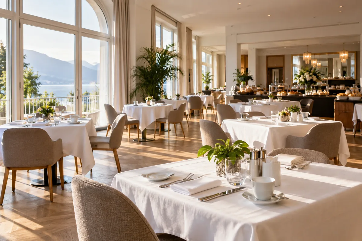 Salle de petit-déjeuner d&rsquo;hôtel dressée de nappes blanches devant de grandes fenêtres