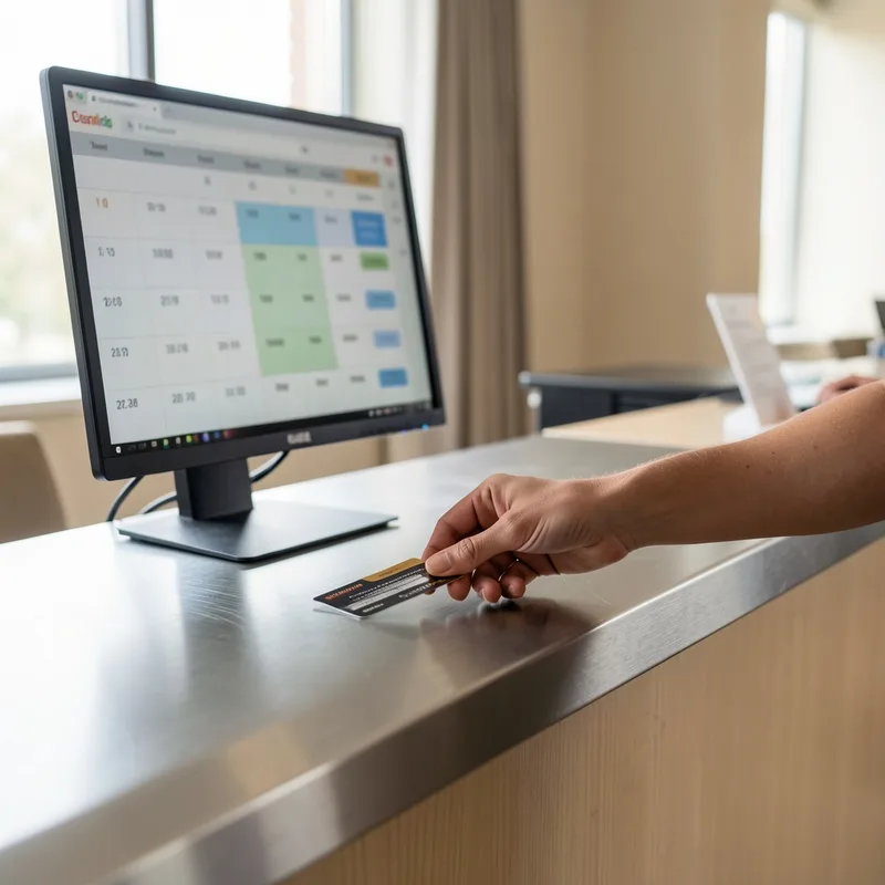 Réception d&rsquo;hôtel avec écran de gestion tarifaire affichant les disponibilités