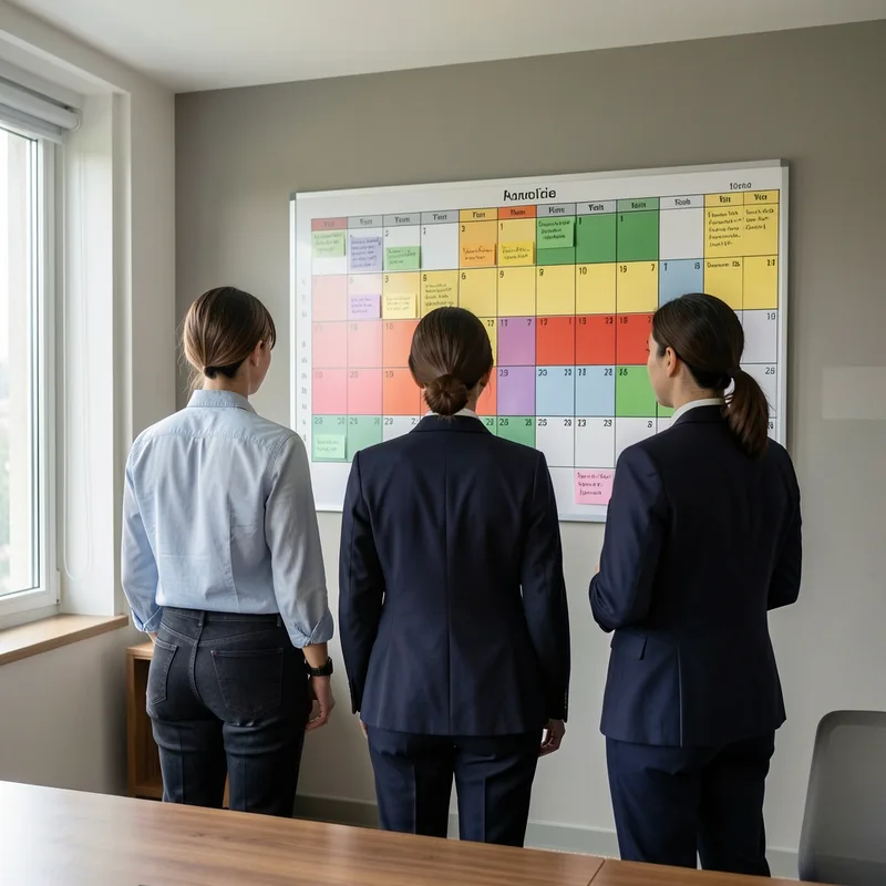 Réunion d&rsquo;équipe hôtelière autour d&rsquo;un calendrier de réservations affiché au mur