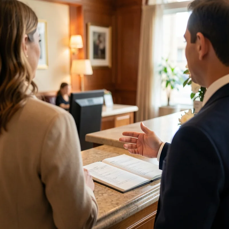 Client à la réception d&rsquo;un hôtel en conversation avec un membre du personnel