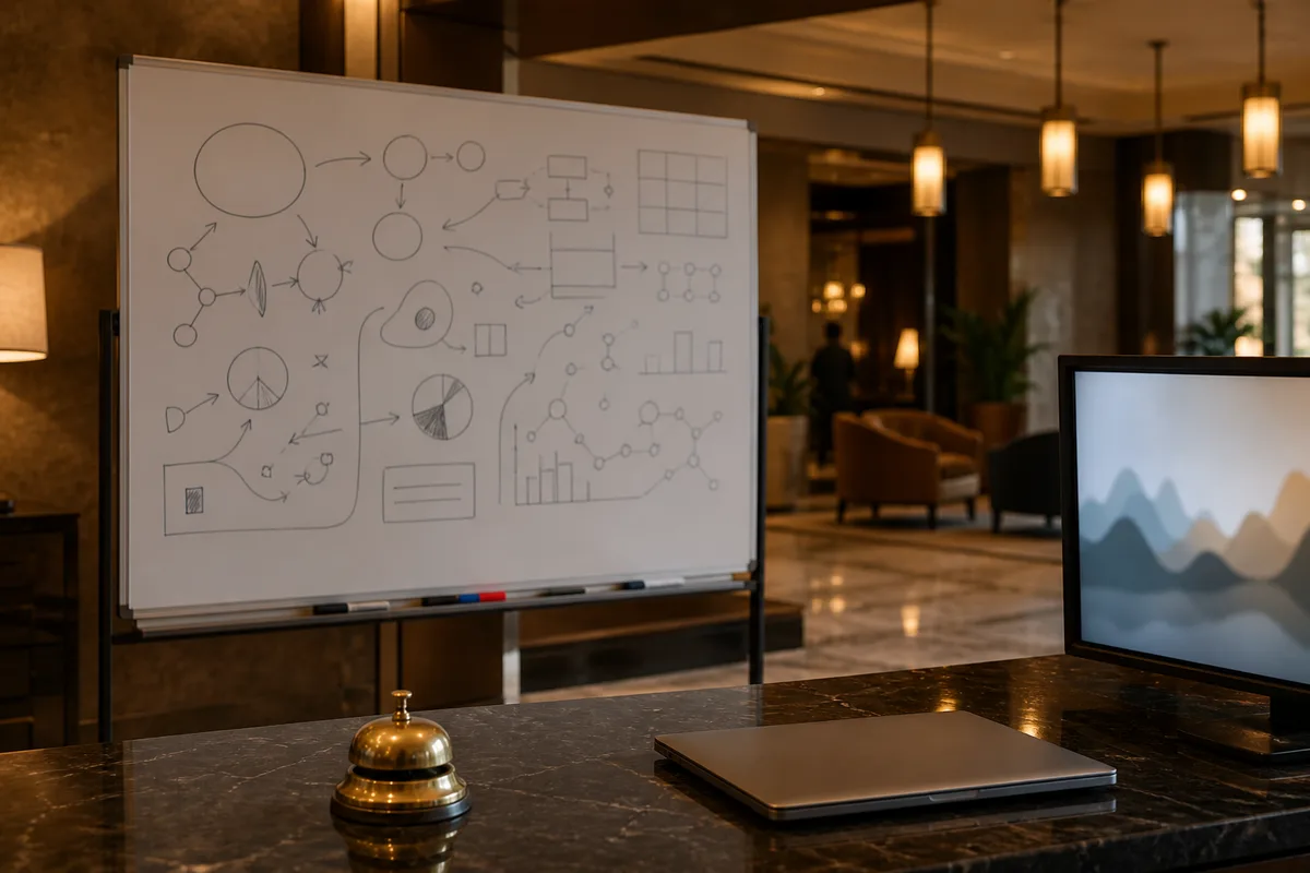 Réunion de travail autour d’un tableau blanc couvert de schémas de stratégie web