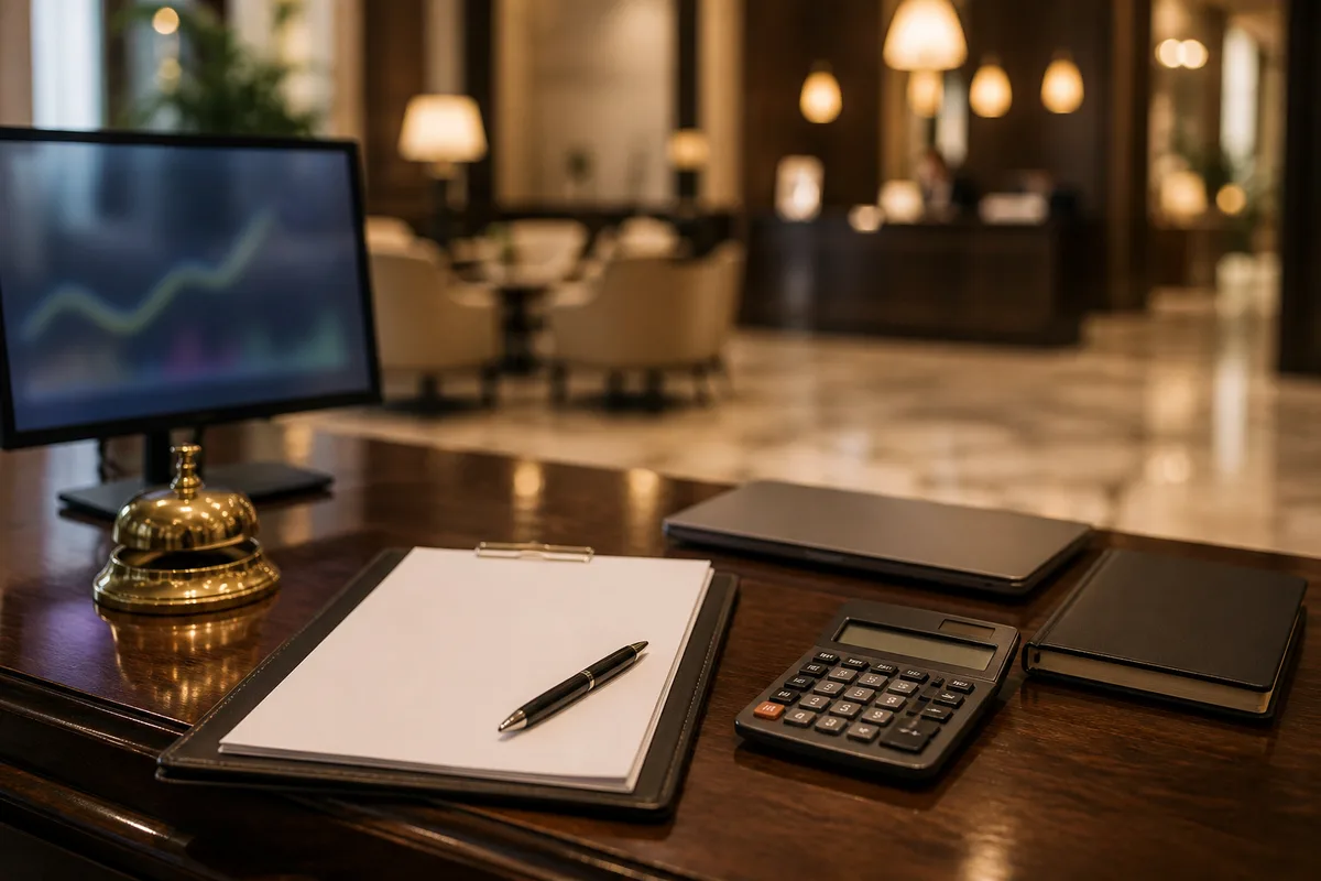 Calculatrice, contrat et carnet posés sur un bureau lors d’une négociation commerciale