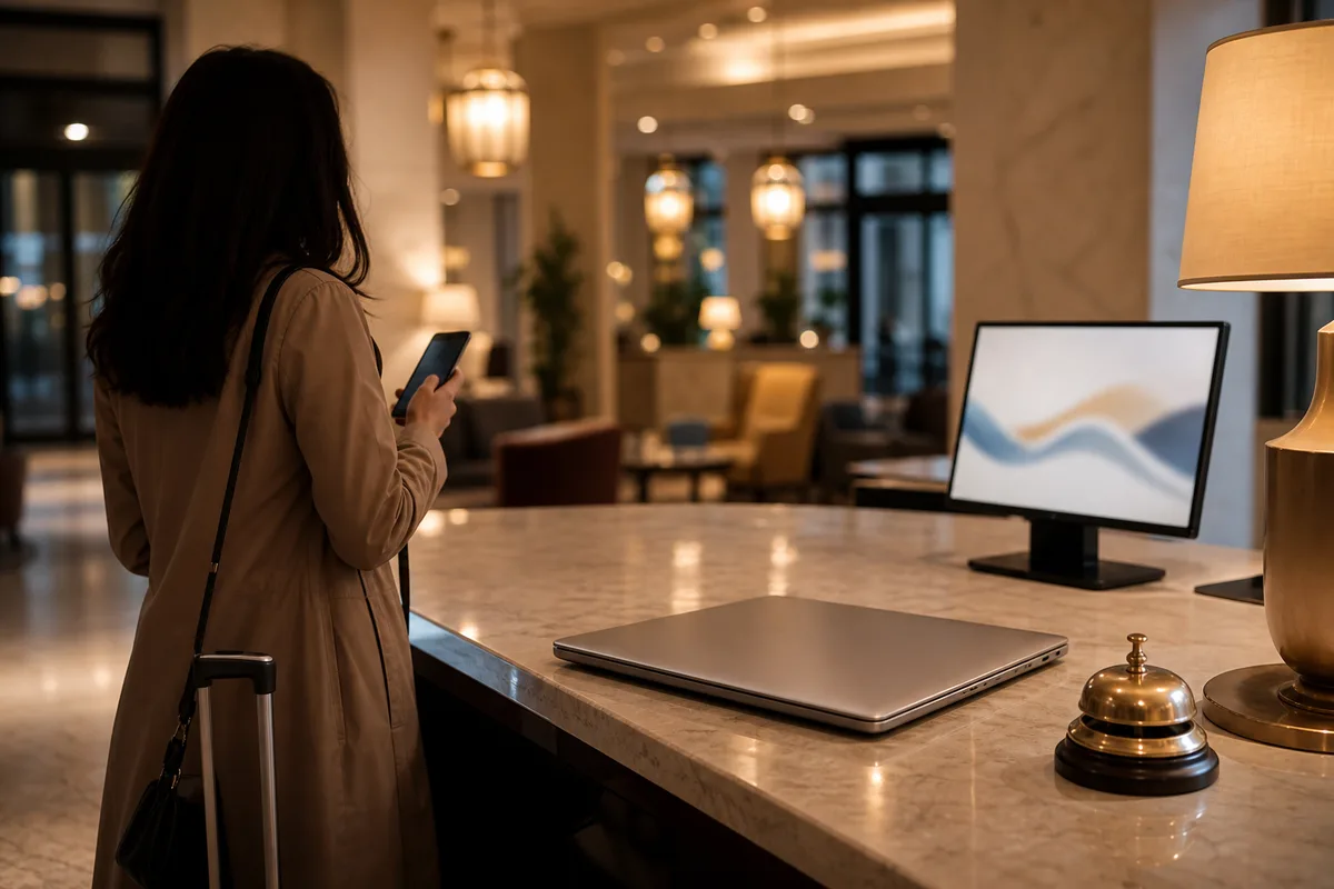 Voyageuse consultant son téléphone dans le hall lumineux d&rsquo;un hôtel