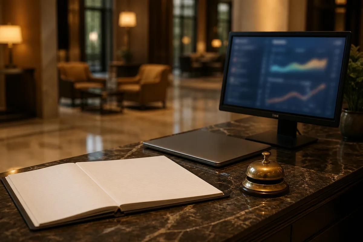 Bureau de réception d&rsquo;hôtel avec écran de réservation et registre ouvert