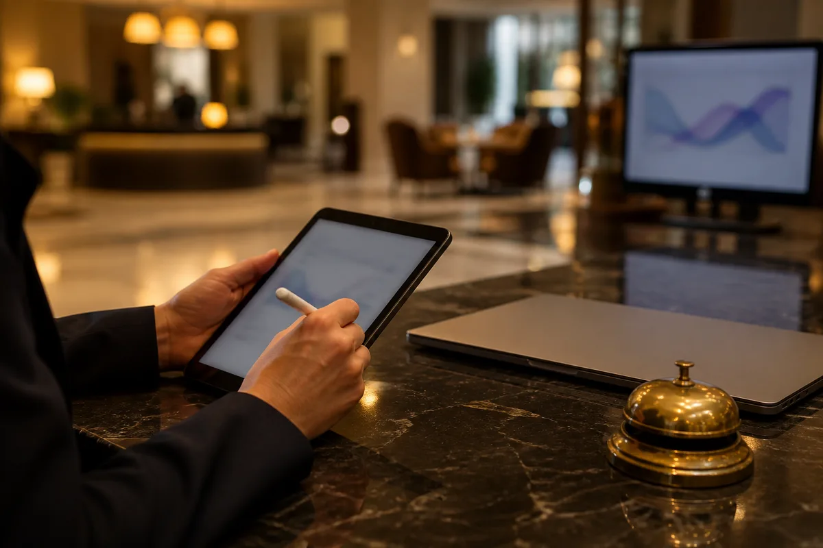 Client rédigeant un commentaire sur une tablette dans un salon d&rsquo;hôtel