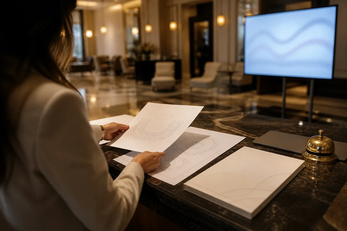Organisatrice préparant un plan de salle et un dossier de séminaire